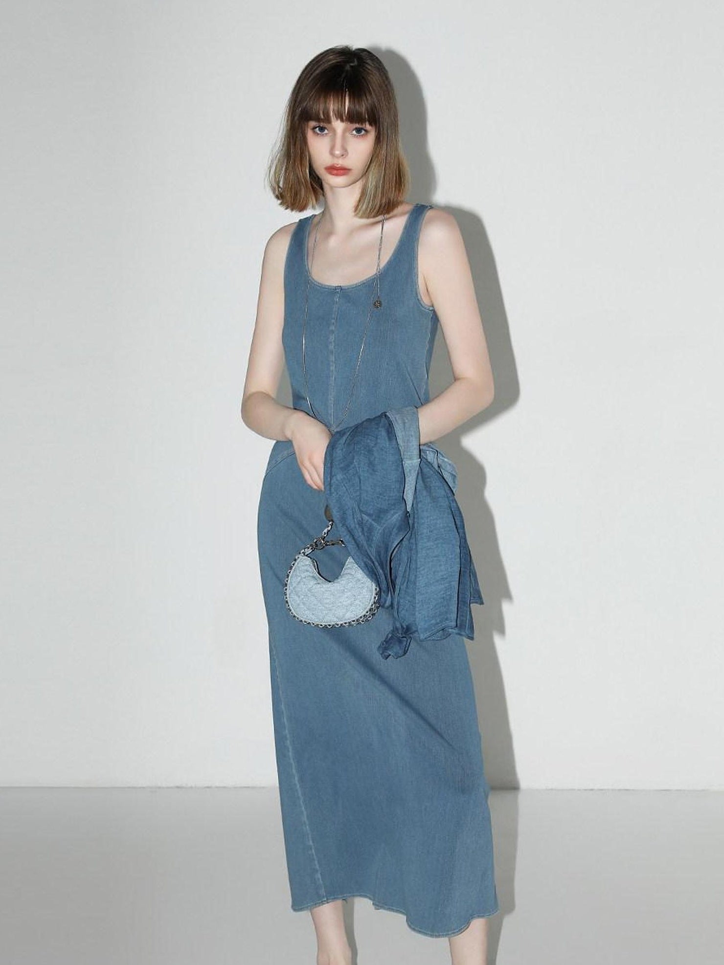 COCOBELLA Denim Blue Patchwork Street Straight U Neck Sleeveless Office Slip Dresses