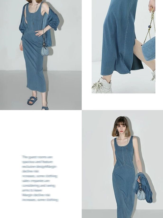 COCOBELLA Denim Blue Patchwork Street Straight U Neck Sleeveless Office Slip Dresses