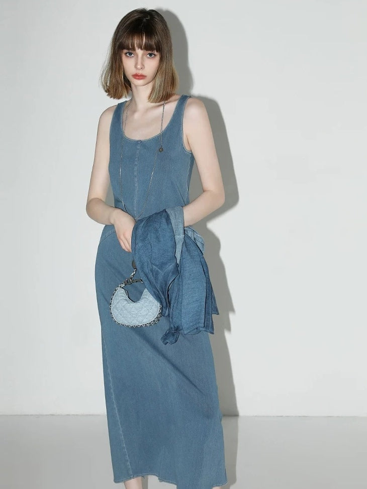 COCOBELLA Denim Blue Patchwork Street Straight U Neck Sleeveless Office Slip Dresses