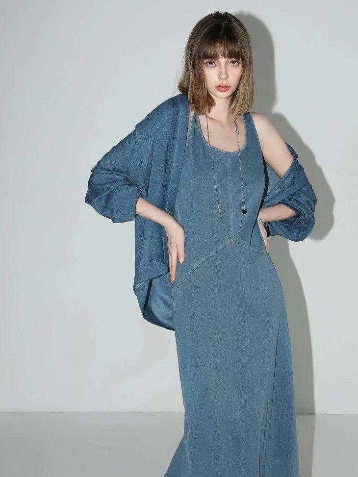 COCOBELLA Denim Blue Patchwork Street Straight U Neck Sleeveless Office Slip Dresses