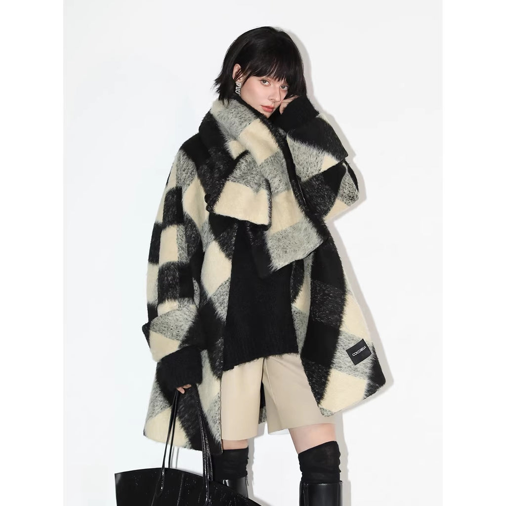 COCOBELLA_Detachable_Scarf_Collar_British_Commuter_Straight_Midlength_Plaid_Coats_MISSTT
