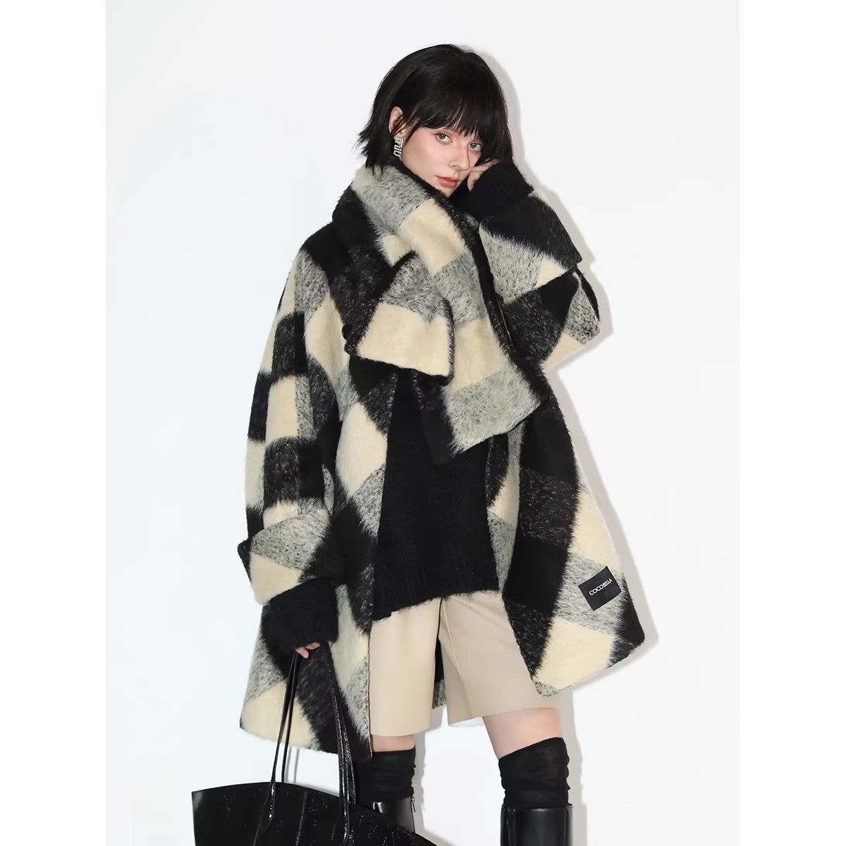 COCOBELLA_Detachable_Scarf_Collar_British_Commuter_Straight_Midlength_Plaid_Coats_MISSTT
