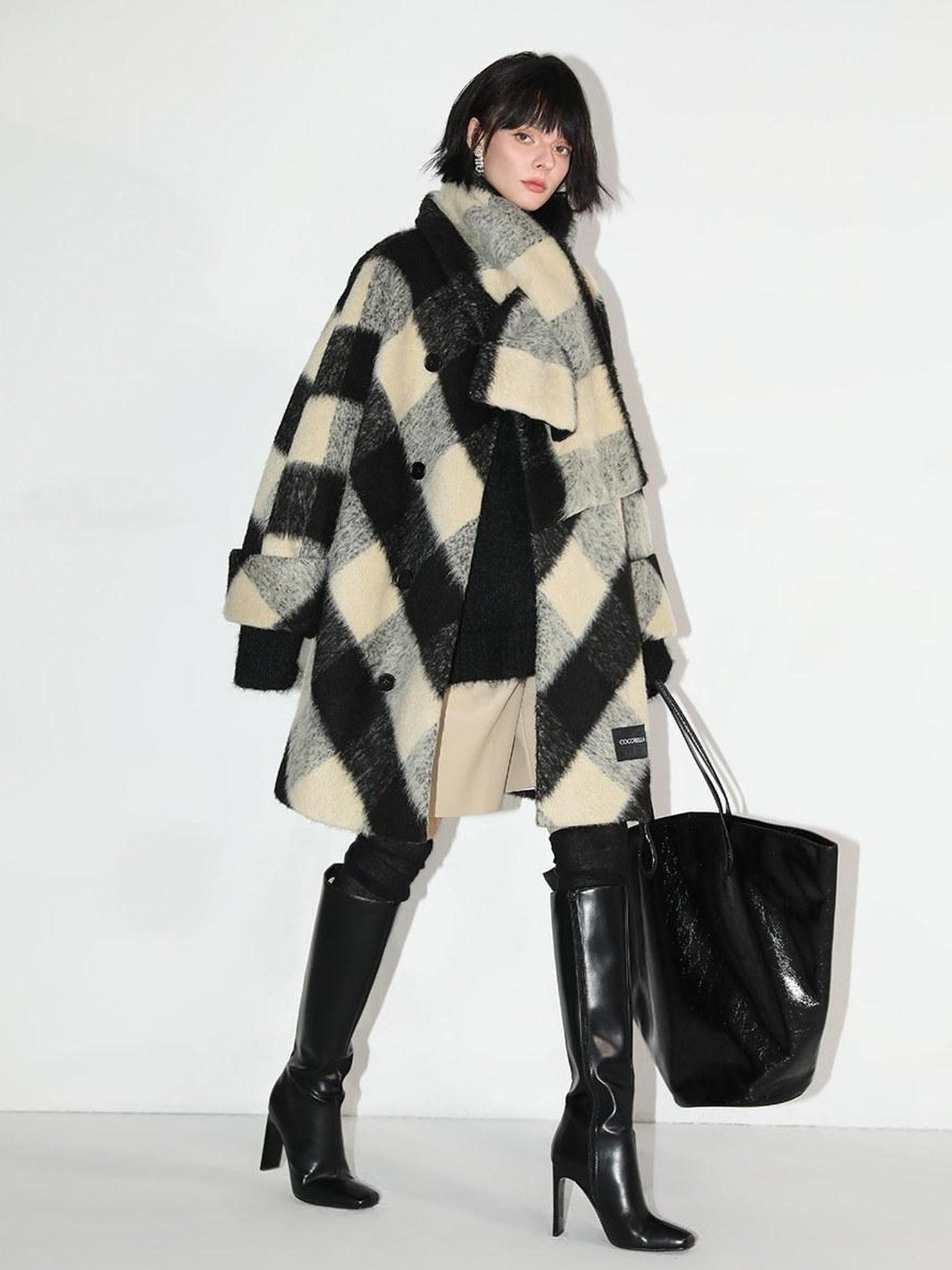 COCOBELLA Detachable Scarf Collar British Commuter Straight Midlength Plaid Coats