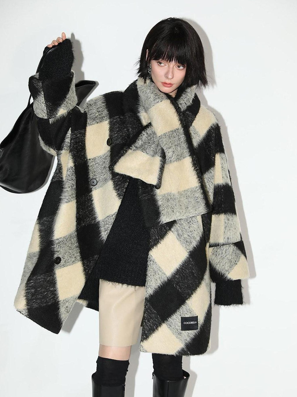 COCOBELLA Detachable Scarf Collar British Commuter Straight Midlength Plaid Coats