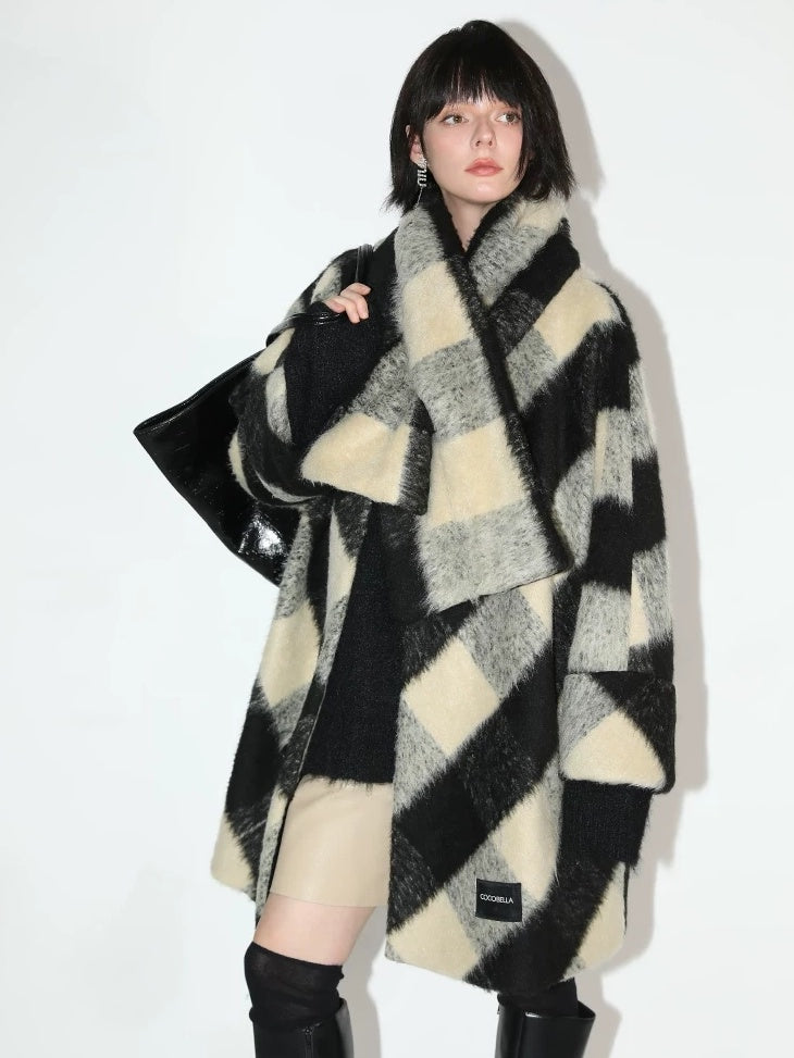 COCOBELLA Detachable Scarf Collar British Commuter Straight Midlength Plaid Coats