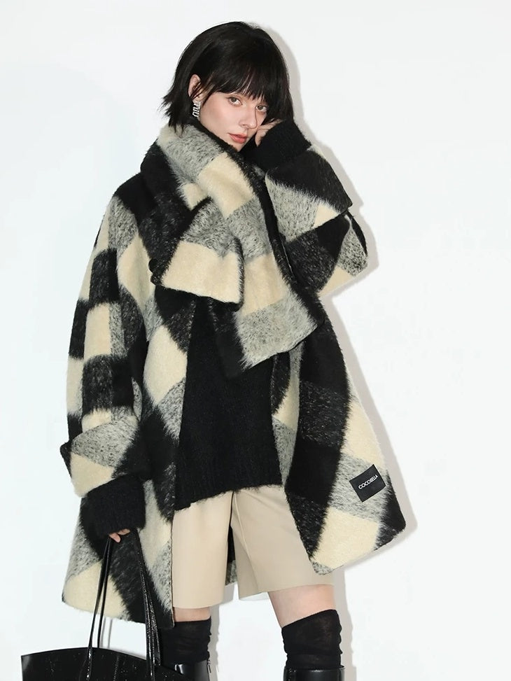 COCOBELLA Detachable Scarf Collar British Commuter Straight Midlength Plaid Coats