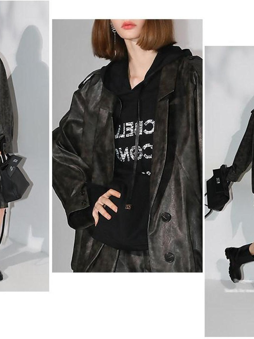COCOBELLA Distressed Pu Leather Streetwear Oversized Turn Down Collar Outerwear Jackets