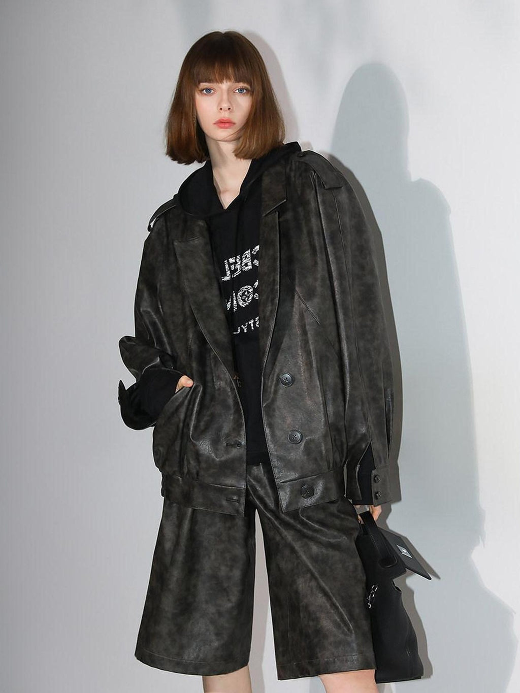 COCOBELLA Distressed Pu Leather Streetwear Oversized Turn Down Collar Outerwear Jackets