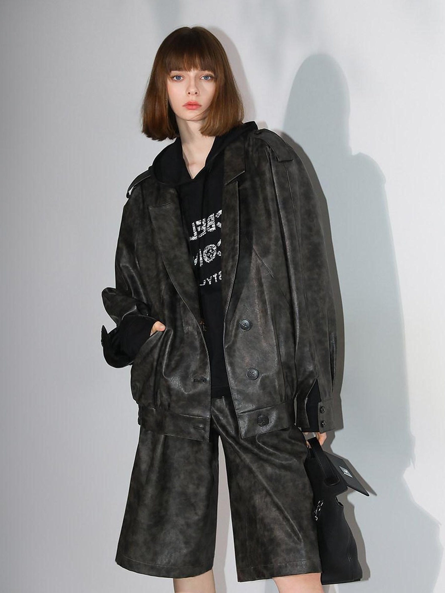 COCOBELLA Distressed Pu Leather Streetwear Oversized Turn Down Collar Outerwear Jackets