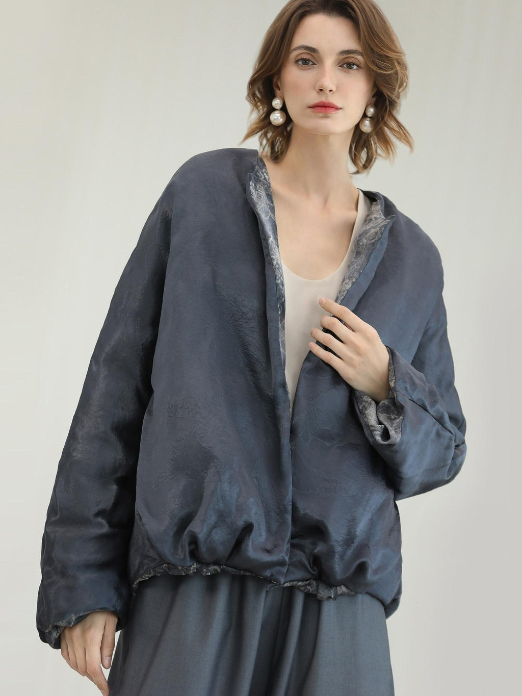 COCOBELLA Double Faced 90 White Duck Down Straight Ol Floral Pleated City Down Jackets