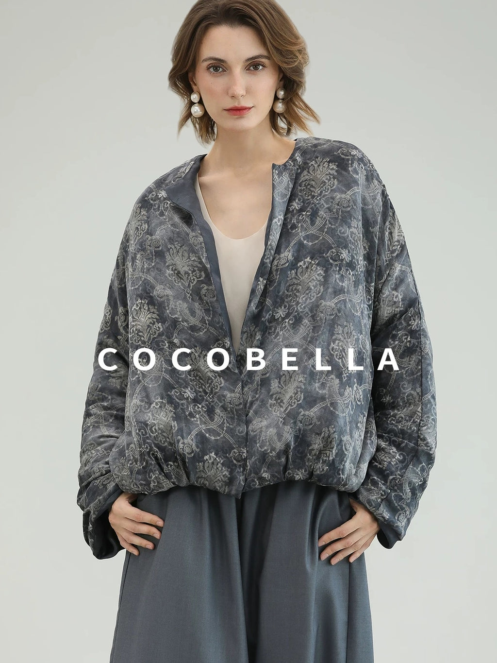 COCOBELLA Double Faced 90 White Duck Down Straight Ol Floral Pleated City Down Jackets