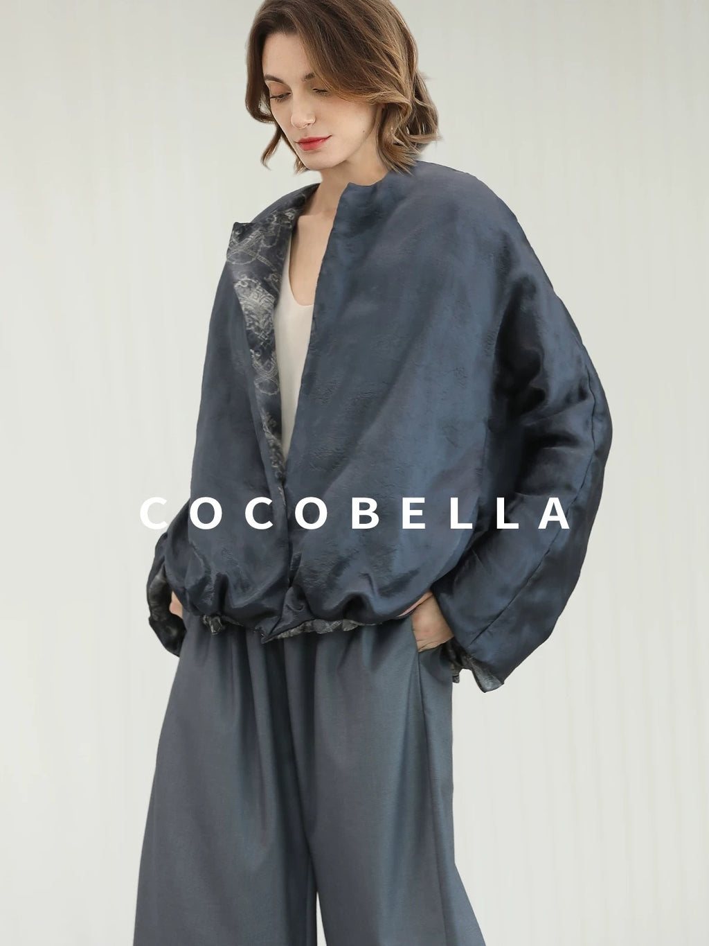 COCOBELLA Double Faced 90 White Duck Down Straight Ol Floral Pleated City Down Jackets