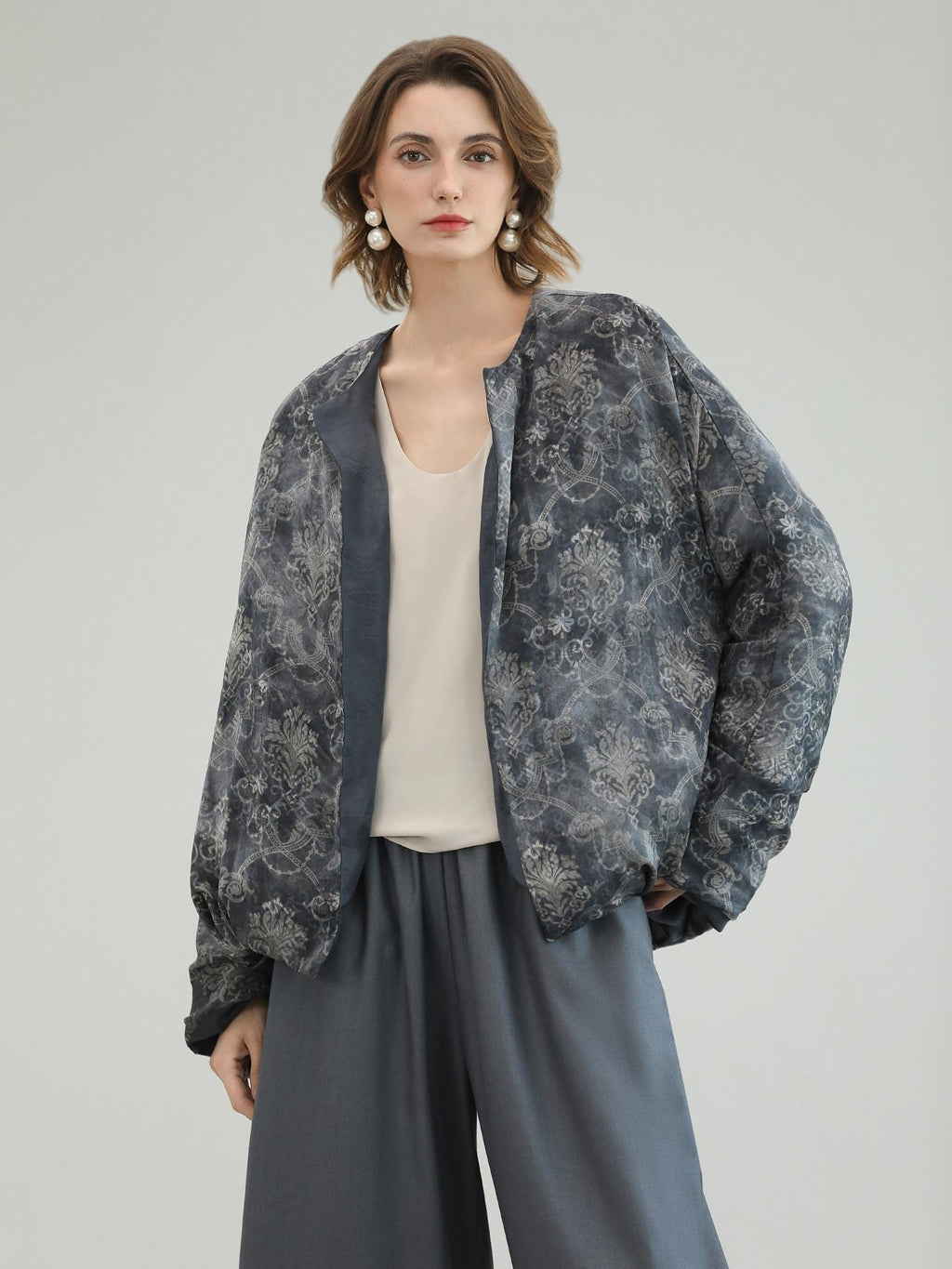 COCOBELLA Double Faced 90 White Duck Down Straight Ol Floral Pleated City Down Jackets