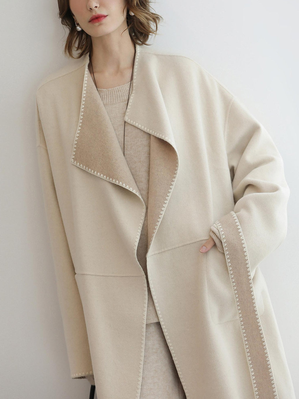 COCOBELLA Double Faced Wool Shell Embroidery Straight Long Tie Ol Commuter Beige Coats