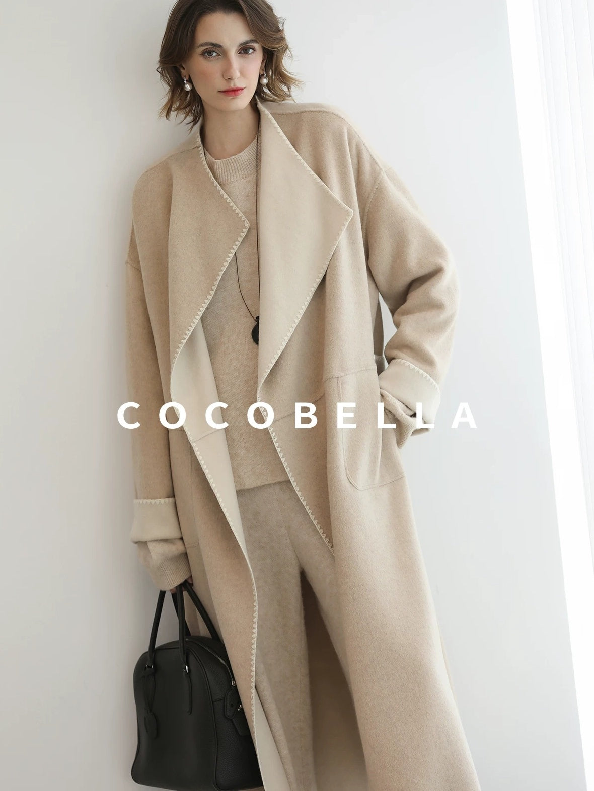 COCOBELLA Double Faced Wool Shell Embroidery Straight Long Tie Ol Commuter Beige Coats