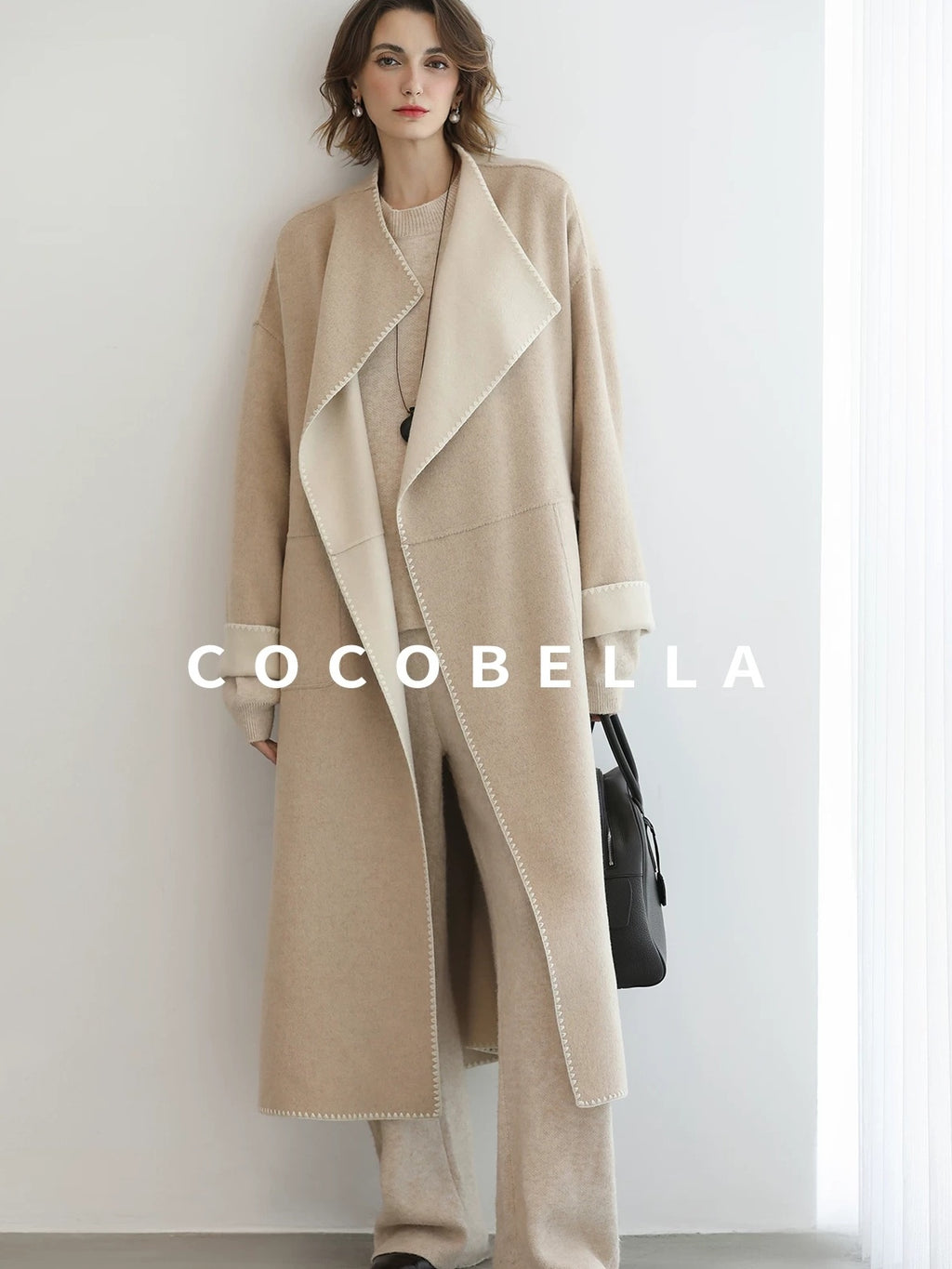 COCOBELLA Double Faced Wool Shell Embroidery Straight Long Tie Ol Commuter Beige Coats