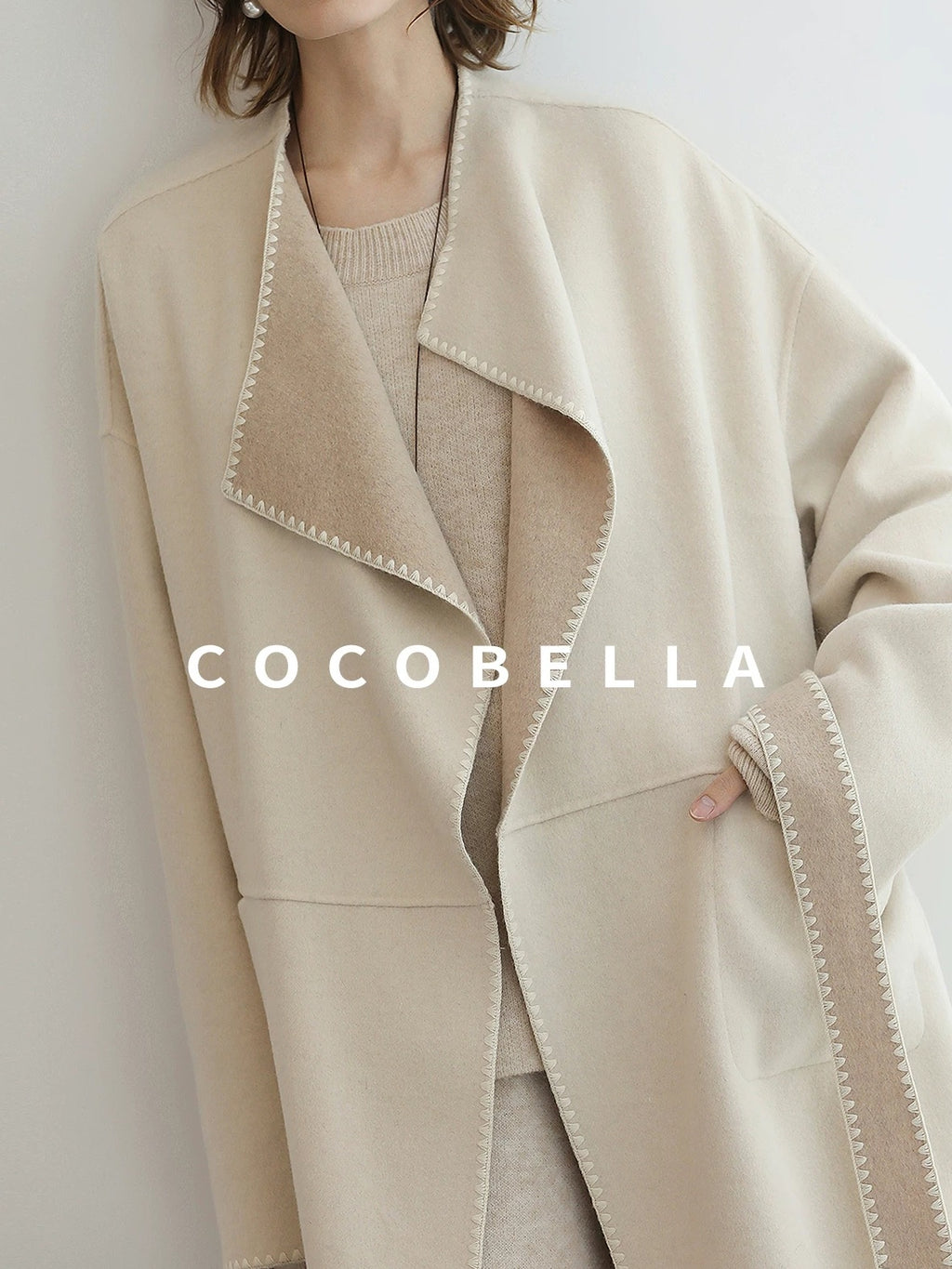 COCOBELLA Double Faced Wool Shell Embroidery Straight Long Tie Ol Commuter Beige Coats
