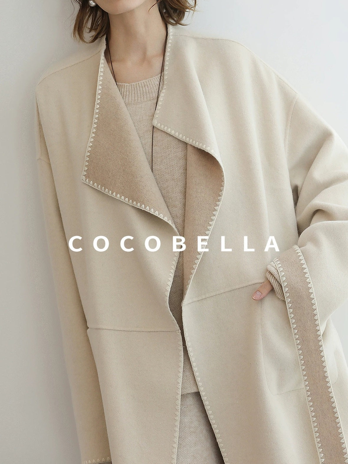 COCOBELLA Double Faced Wool Shell Embroidery Straight Long Tie Ol Commuter Beige Coats