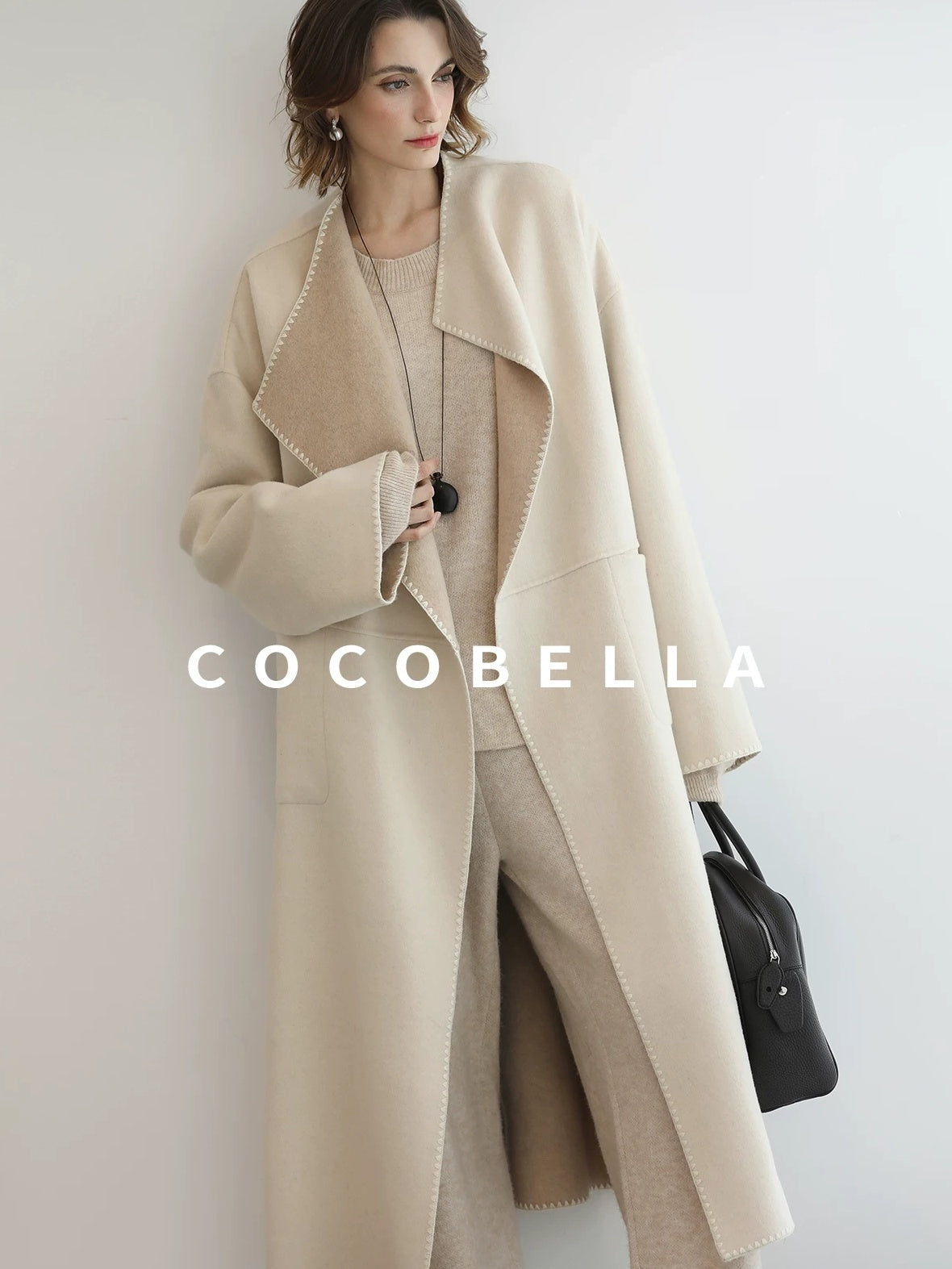 COCOBELLA Double Faced Wool Shell Embroidery Straight Long Tie Ol Commuter Beige Coats