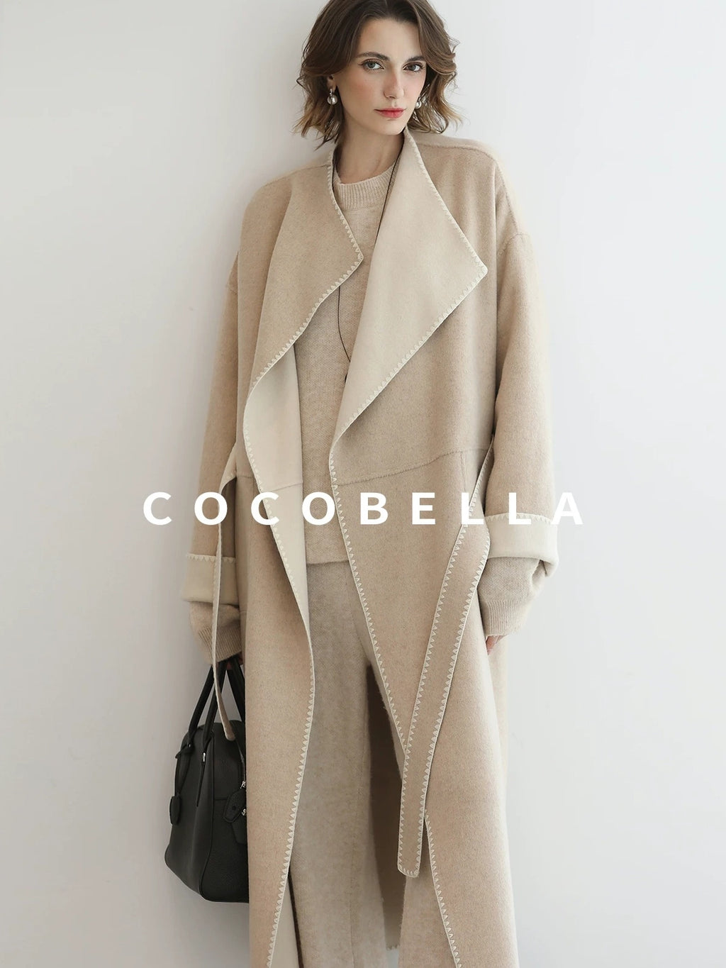 COCOBELLA Double Faced Wool Shell Embroidery Straight Long Tie Ol Commuter Beige Coats
