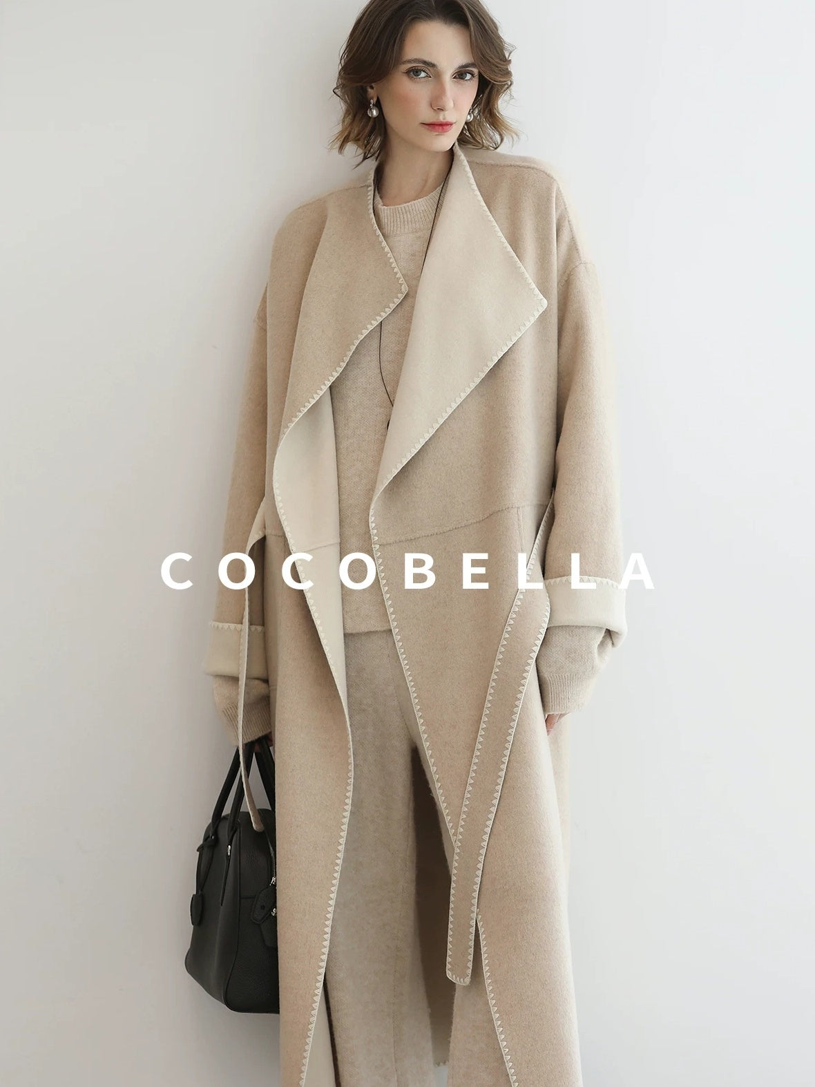 COCOBELLA Double Faced Wool Shell Embroidery Straight Long Tie Ol Commuter Beige Coats