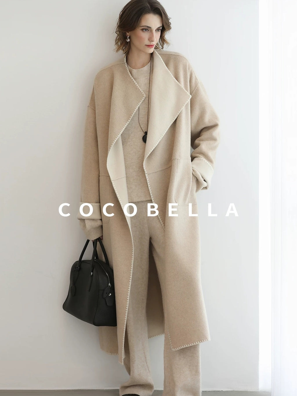 COCOBELLA Double Faced Wool Shell Embroidery Straight Long Tie Ol Commuter Beige Coats