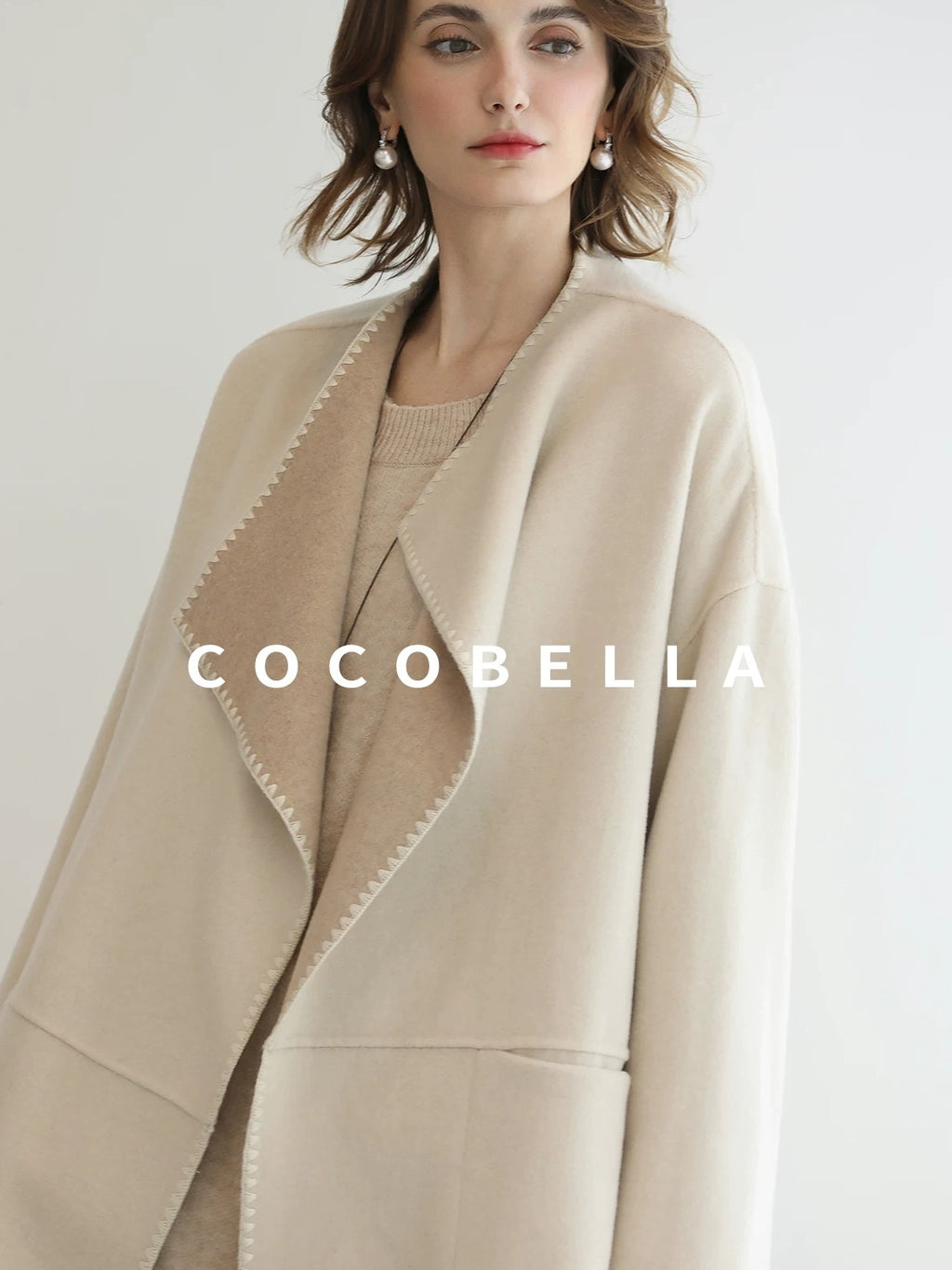 COCOBELLA Double Faced Wool Shell Embroidery Straight Long Tie Ol Commuter Beige Coats