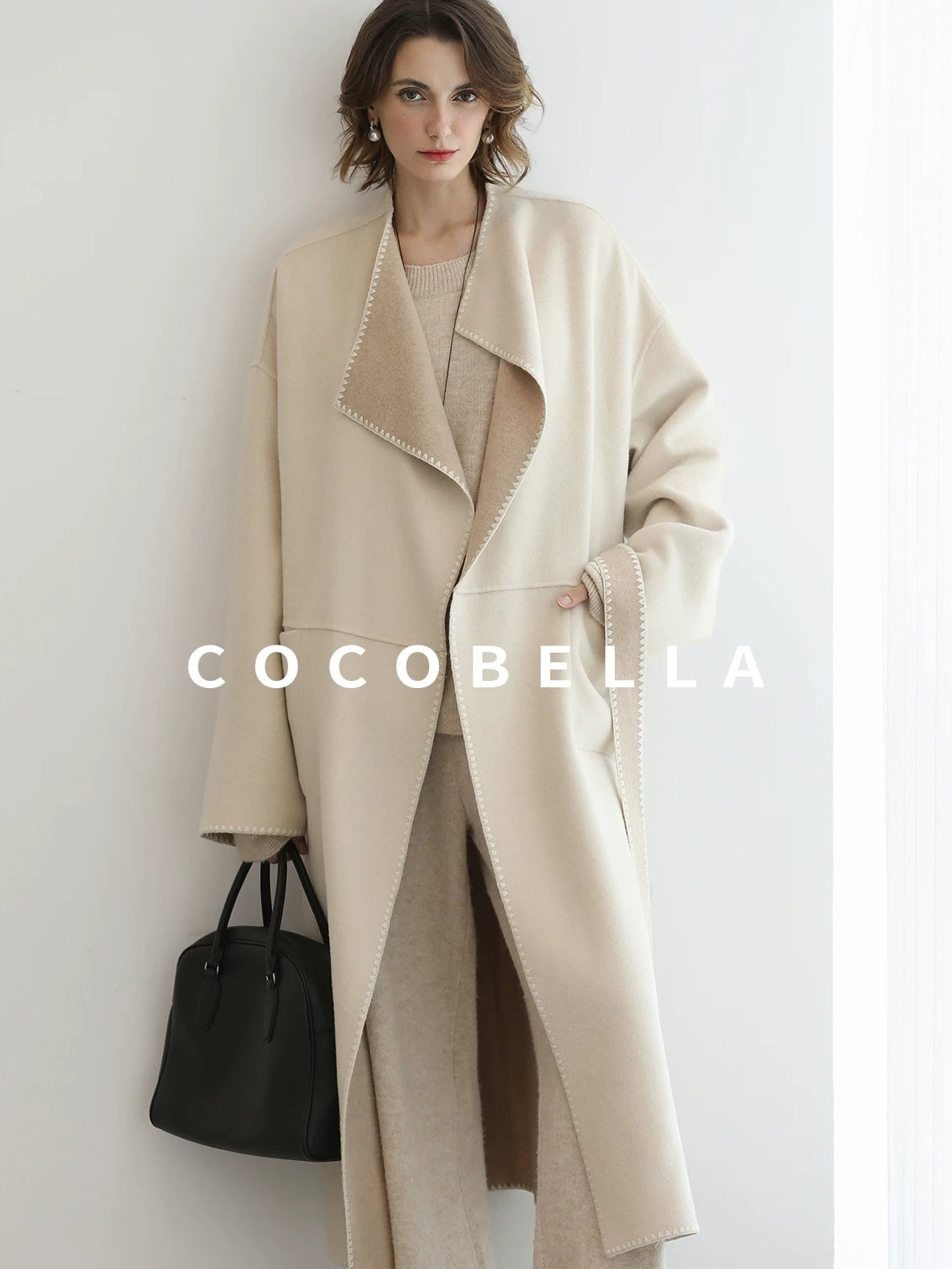 COCOBELLA Double Faced Wool Shell Embroidery Straight Long Tie Ol Commuter Beige Coats
