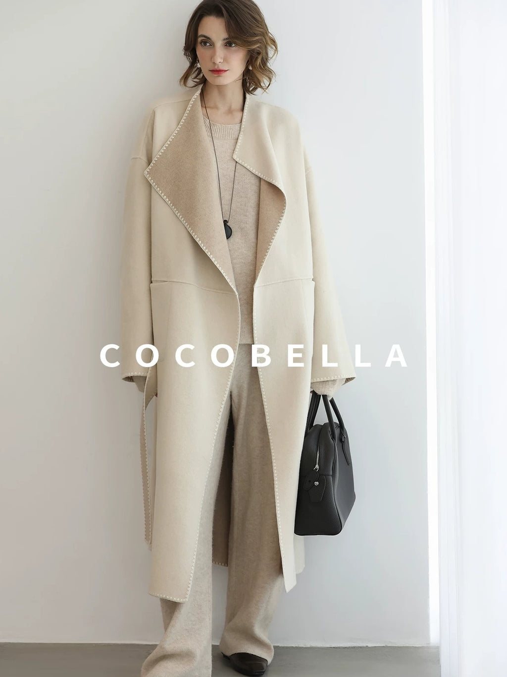 COCOBELLA Double Faced Wool Shell Embroidery Straight Long Tie Ol Commuter Beige Coats
