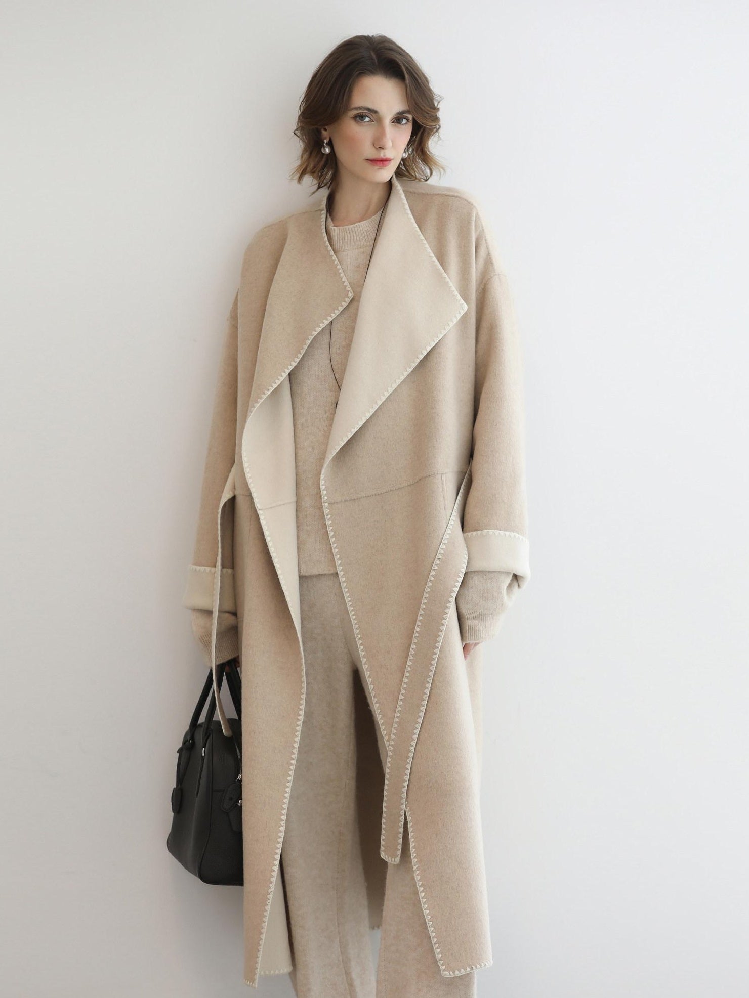 COCOBELLA Double Faced Wool Shell Embroidery Straight Long Tie Ol Commuter Beige Coats