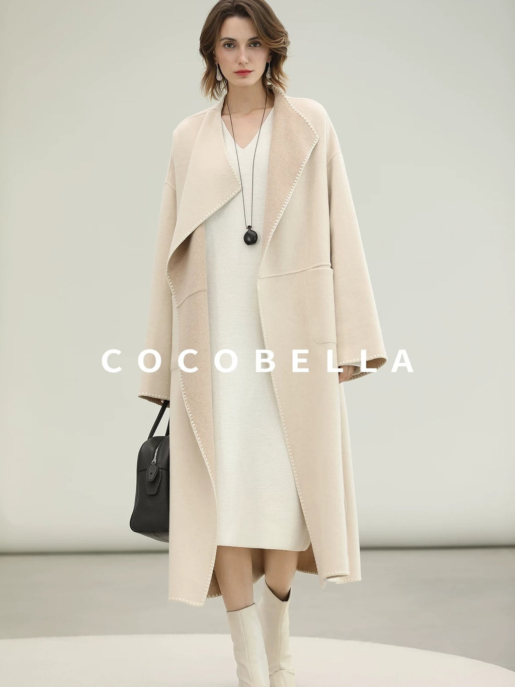 COCOBELLA Double Faced Wool Shell Embroidery Straight Long Tie Ol Commuter Beige Coats