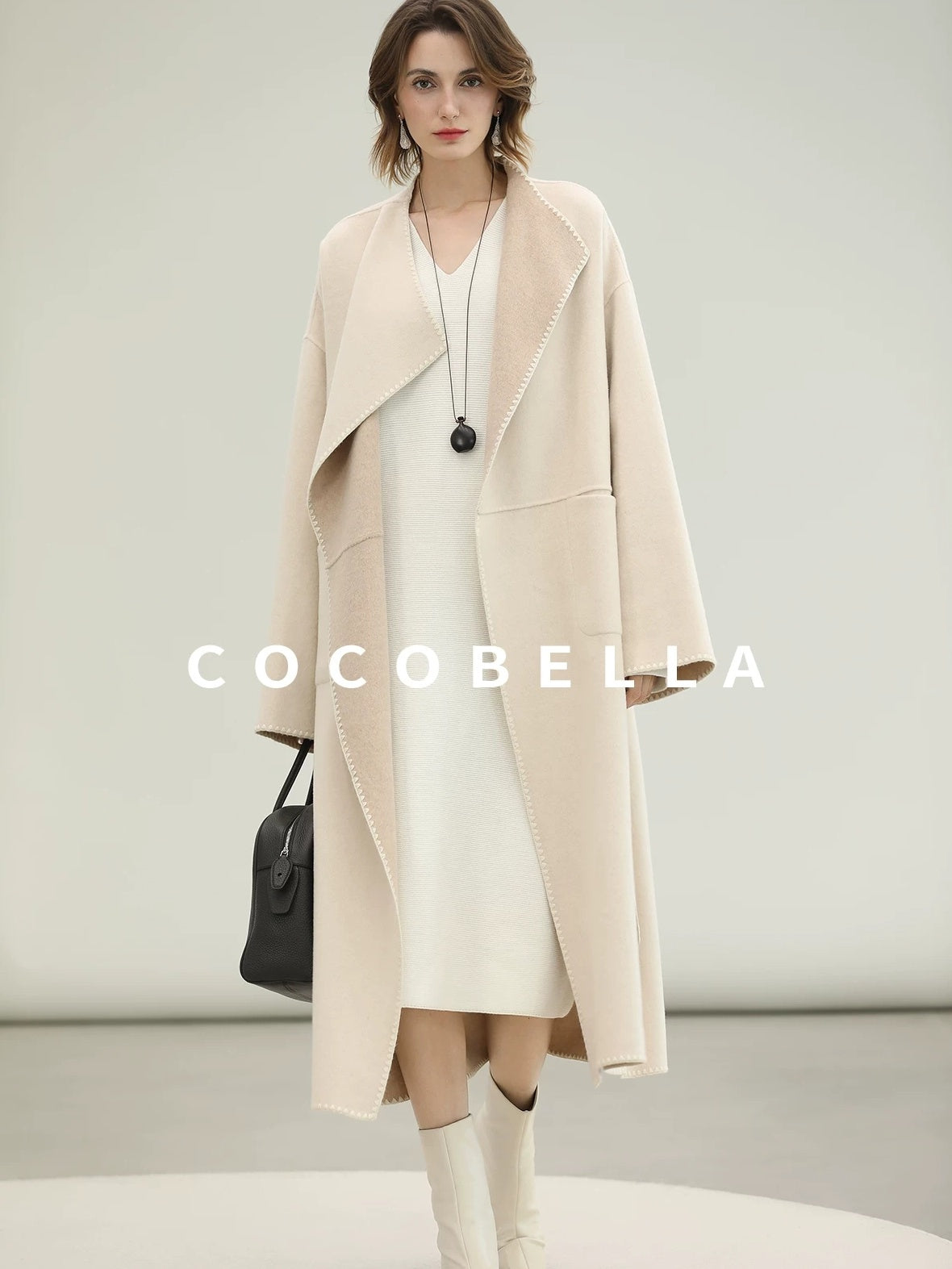 COCOBELLA Double Faced Wool Shell Embroidery Straight Long Tie Ol Commuter Beige Coats