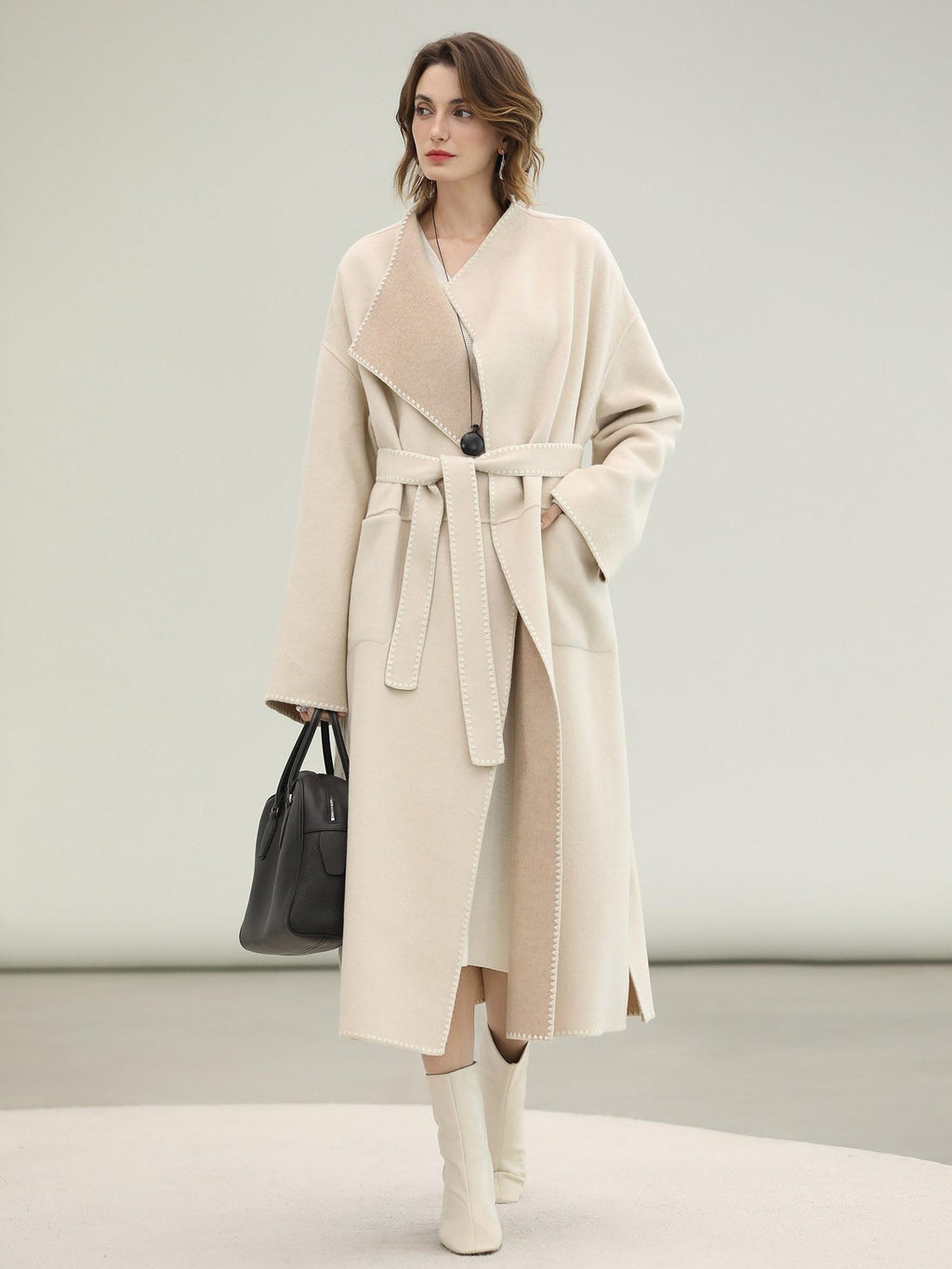 COCOBELLA Double Faced Wool Shell Embroidery Straight Long Tie Ol Commuter Beige Coats