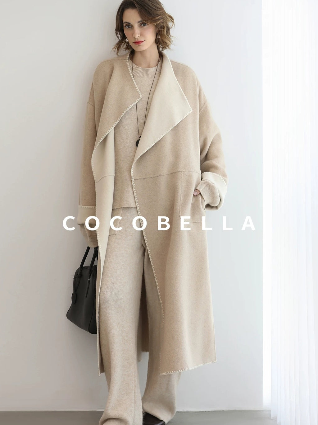COCOBELLA Double Faced Wool Shell Embroidery Straight Long Tie Ol Commuter Beige Coats