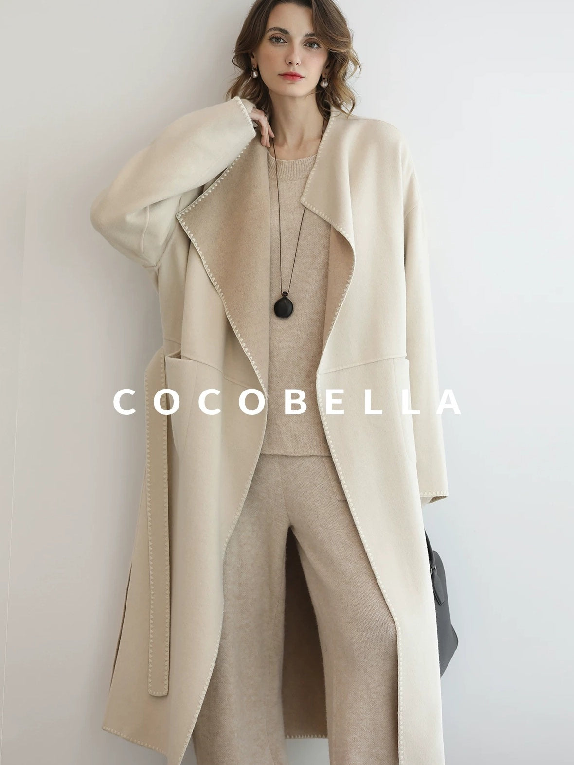 COCOBELLA Double Faced Wool Shell Embroidery Straight Long Tie Ol Commuter Beige Coats
