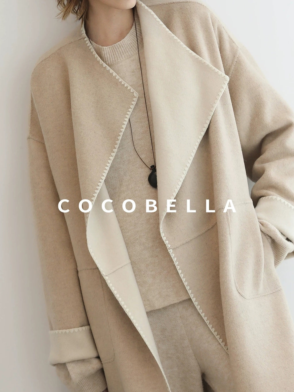 COCOBELLA Double Faced Wool Shell Embroidery Straight Long Tie Ol Commuter Beige Coats