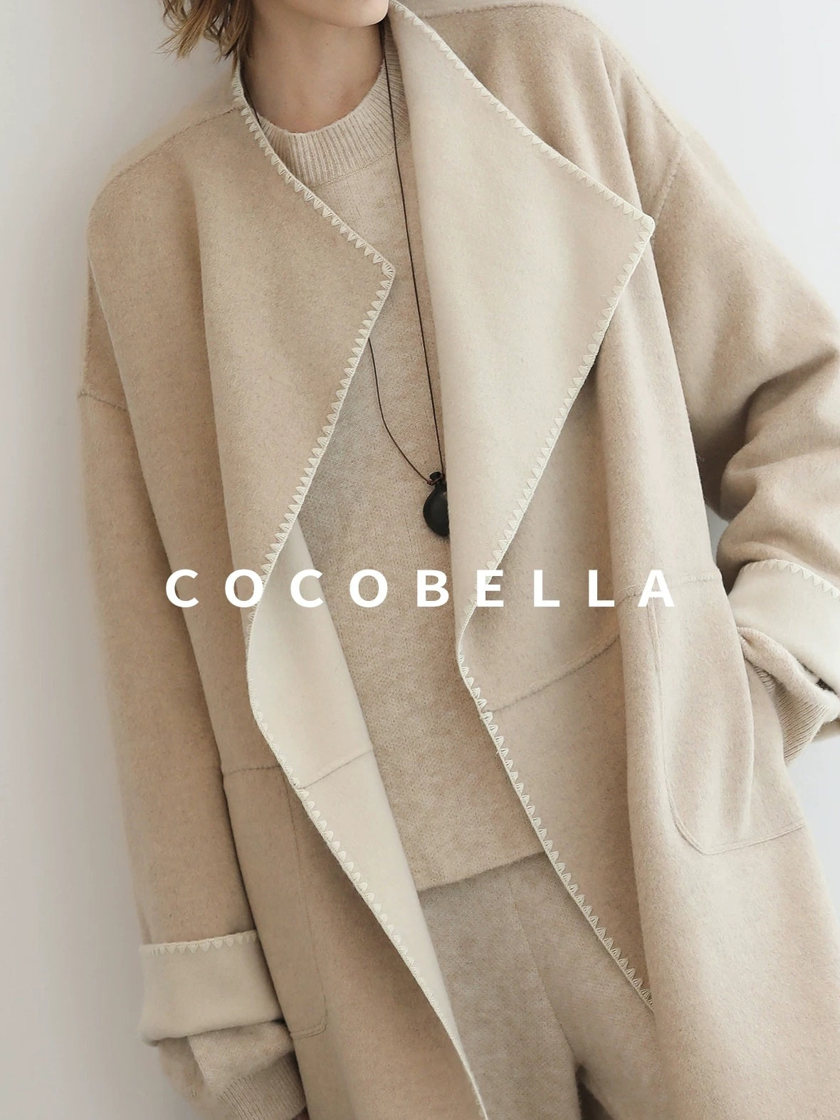 COCOBELLA Double Faced Wool Shell Embroidery Straight Long Tie Ol Commuter Beige Coats