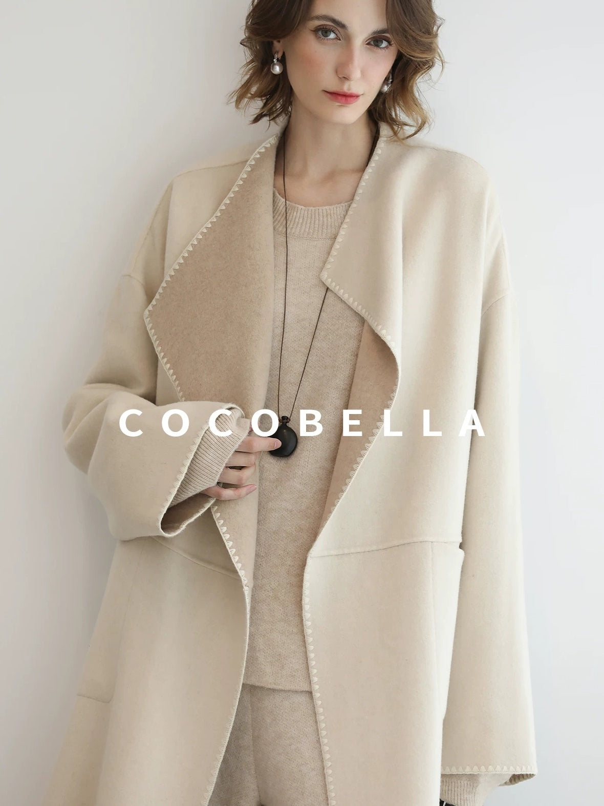 COCOBELLA Double Faced Wool Shell Embroidery Straight Long Tie Ol Commuter Beige Coats