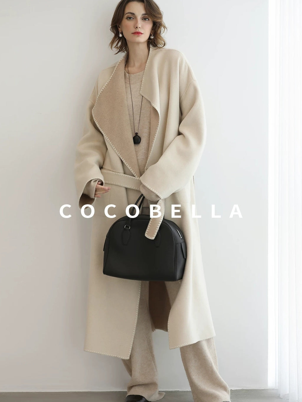 COCOBELLA Double Faced Wool Shell Embroidery Straight Long Tie Ol Commuter Beige Coats