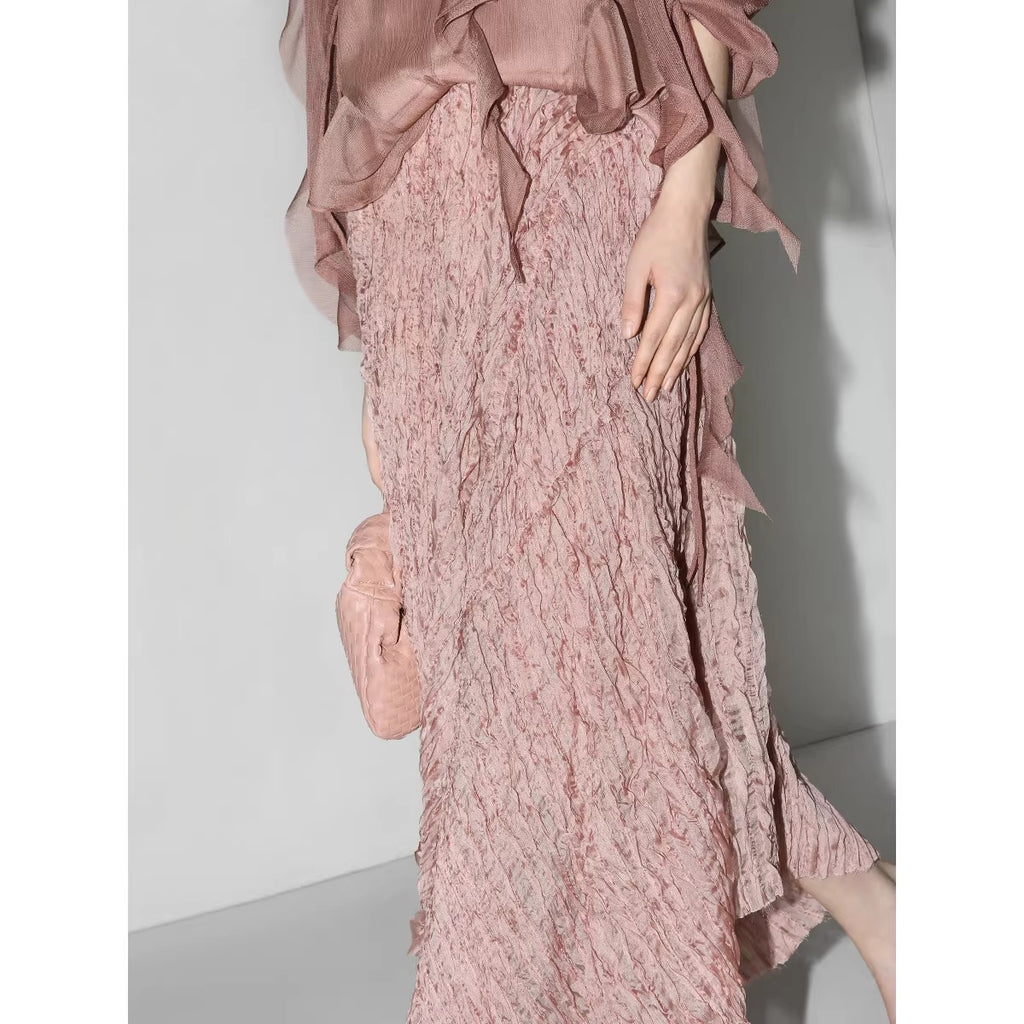 COCOBELLA_Elegant_3D_Embellished_Asymmetric_A_Line_Mid_Waist_Rose_Pink_Pleated_Maxi_Skirts_MISSTT