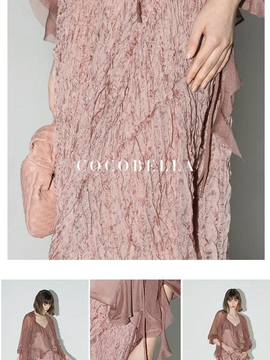 COCOBELLA Elegant 3D Embellished Asymmetric A Line Mid Waist Rose Pink Pleated Maxi Skirts