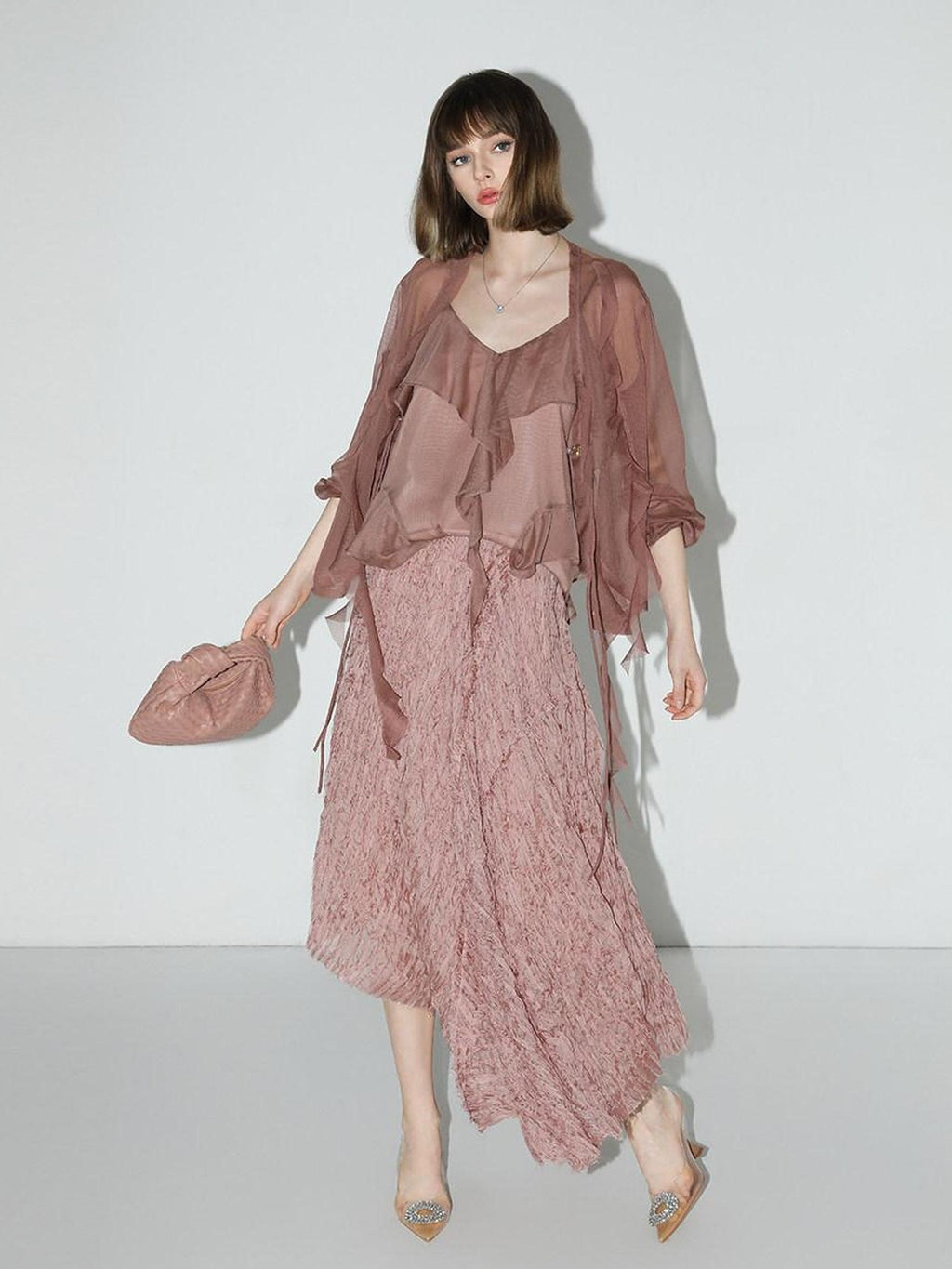 COCOBELLA Elegant 3D Embellished Asymmetric A Line Mid Waist Rose Pink Pleated Maxi Skirts