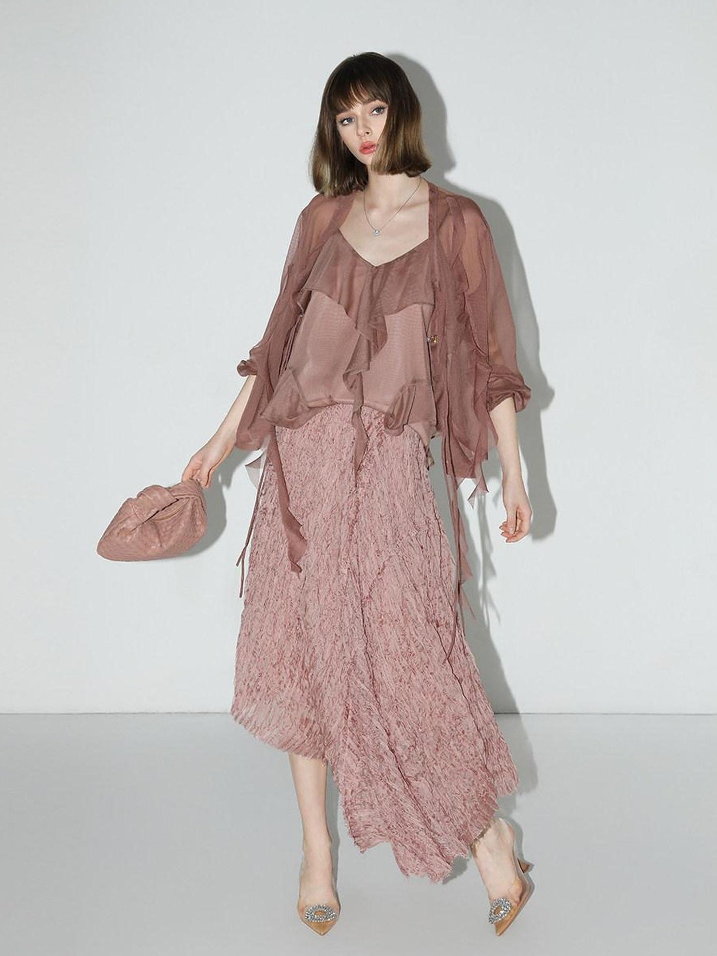 COCOBELLA Elegant 3D Embellished Asymmetric A Line Mid Waist Rose Pink Pleated Maxi Skirts