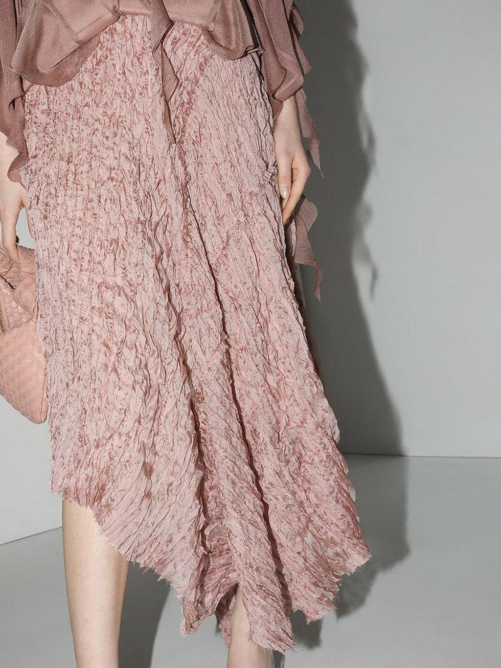 COCOBELLA Elegant 3D Embellished Asymmetric A Line Mid Waist Rose Pink Pleated Maxi Skirts