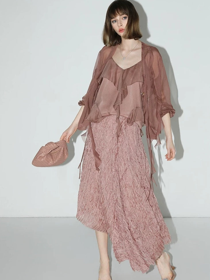 COCOBELLA Elegant 3D Embellished Asymmetric A Line Mid Waist Rose Pink Pleated Maxi Skirts