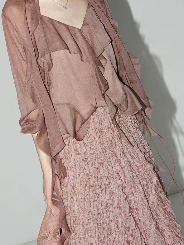 COCOBELLA Elegant 3D Embellished Asymmetric A Line Mid Waist Rose Pink Pleated Maxi Skirts