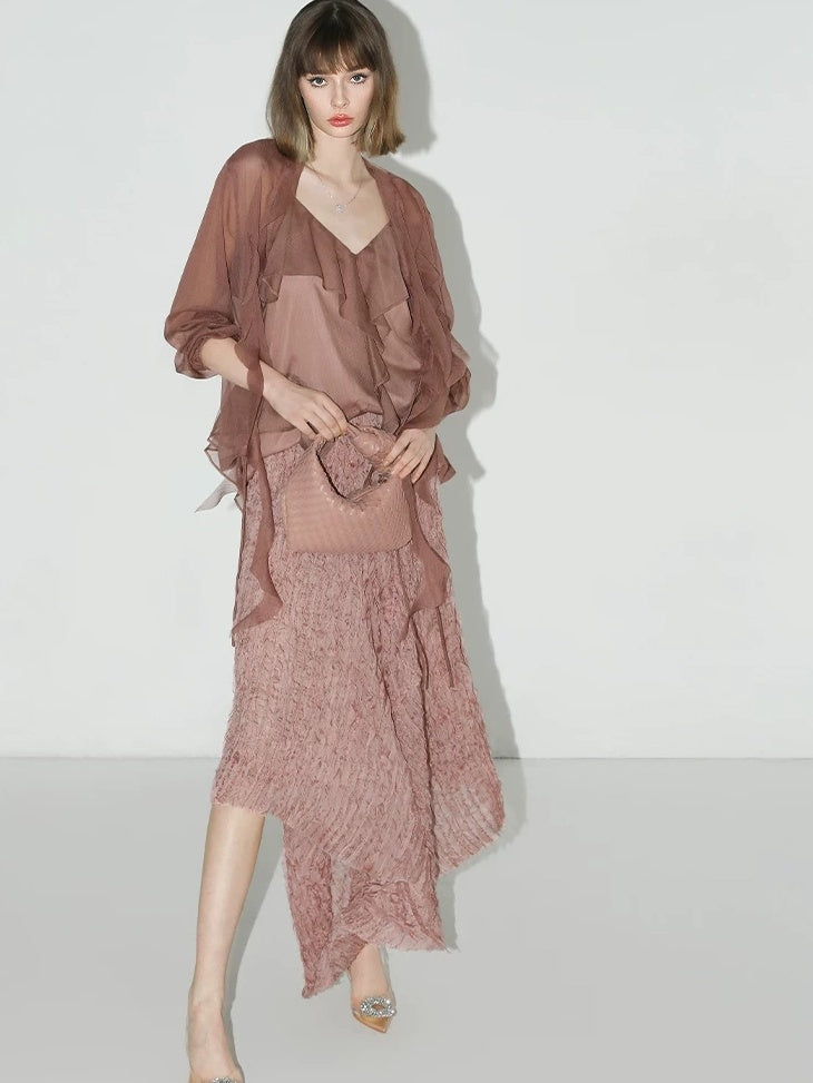 COCOBELLA Elegant 3D Embellished Asymmetric A Line Mid Waist Rose Pink Pleated Maxi Skirts