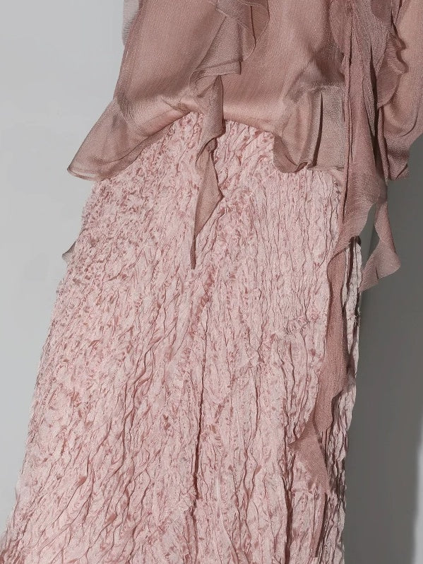 COCOBELLA Elegant 3D Embellished Asymmetric A Line Mid Waist Rose Pink Pleated Maxi Skirts