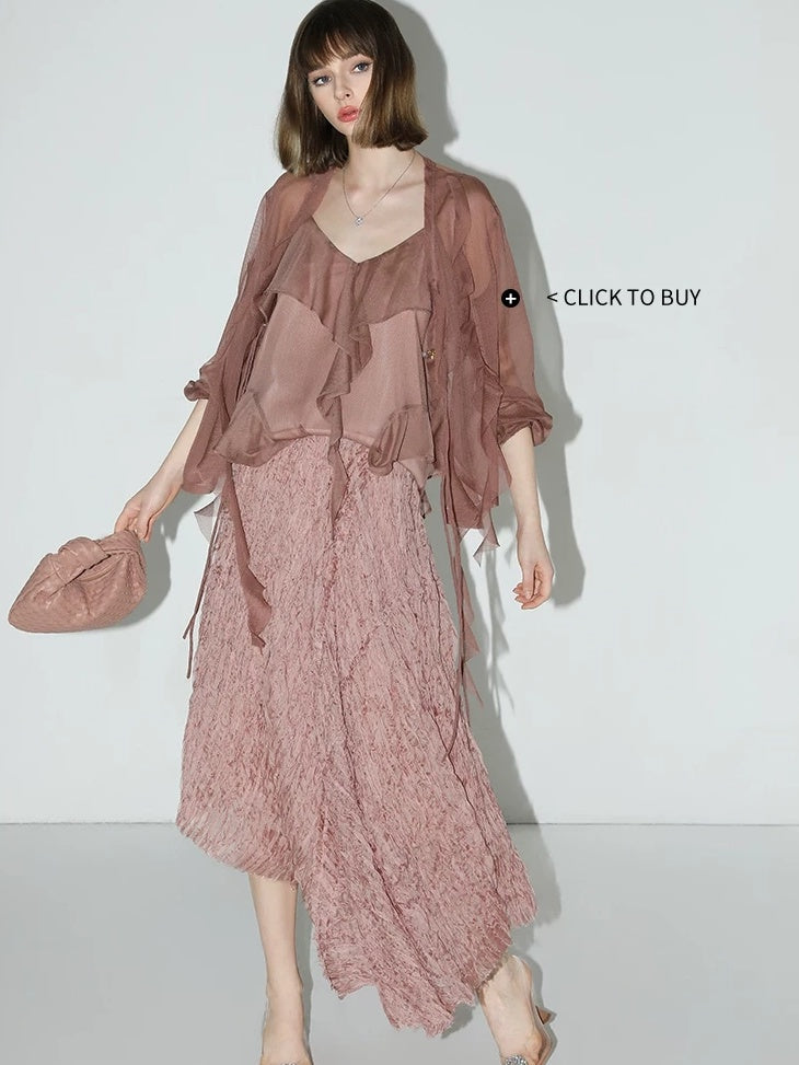 COCOBELLA Elegant 3D Embellished Asymmetric A Line Mid Waist Rose Pink Pleated Maxi Skirts