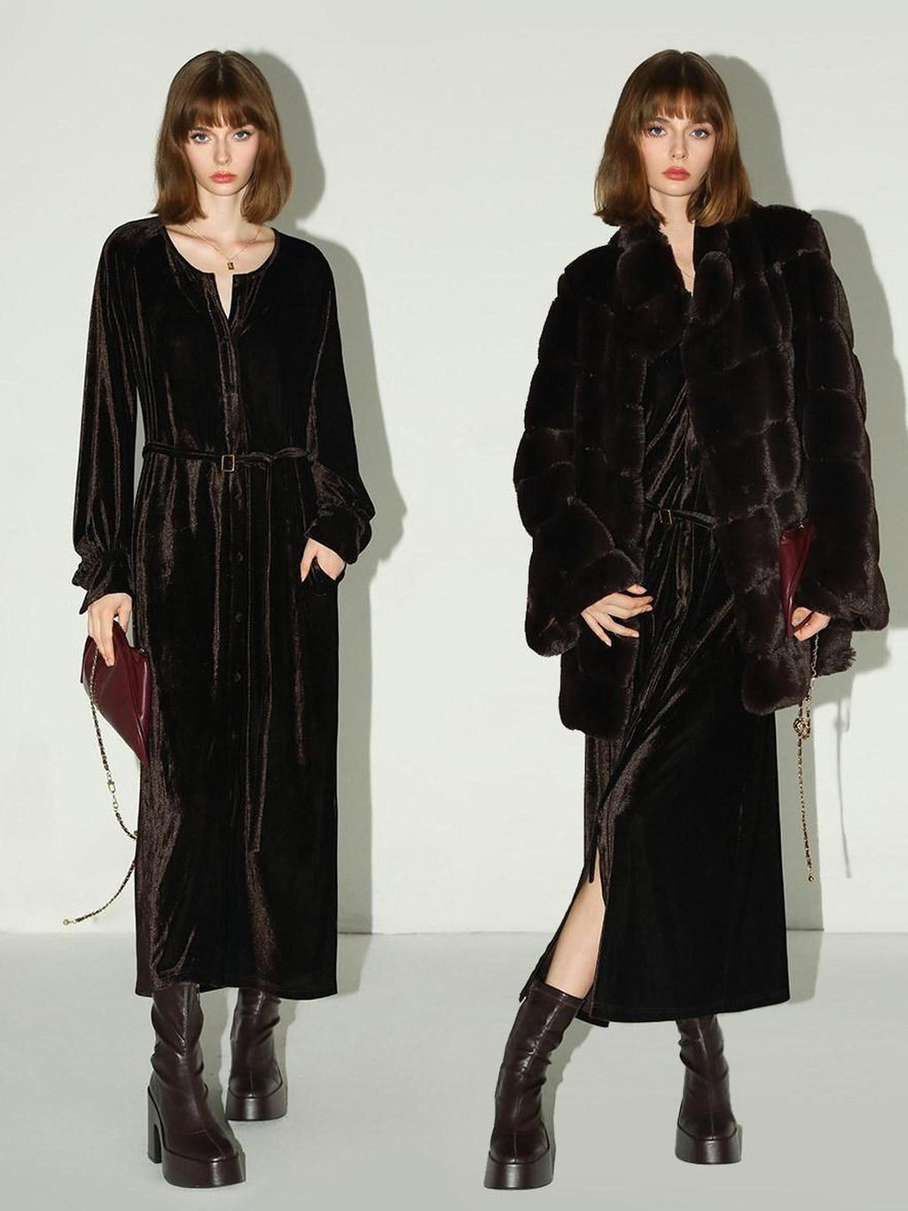 COCOBELLA Elegant Belted Button Lantern Sleeves Round Neck Office Shirtdress Shirts